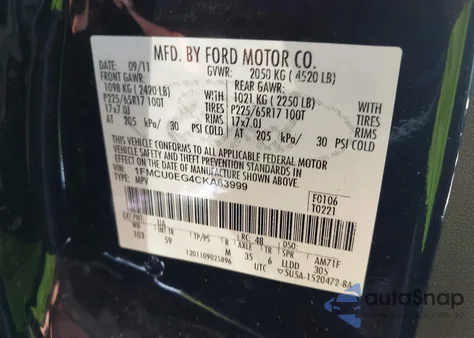 2012 Ford Escape Limited из США, поврежденный, VIN 1FMCU0EG4CKA63999